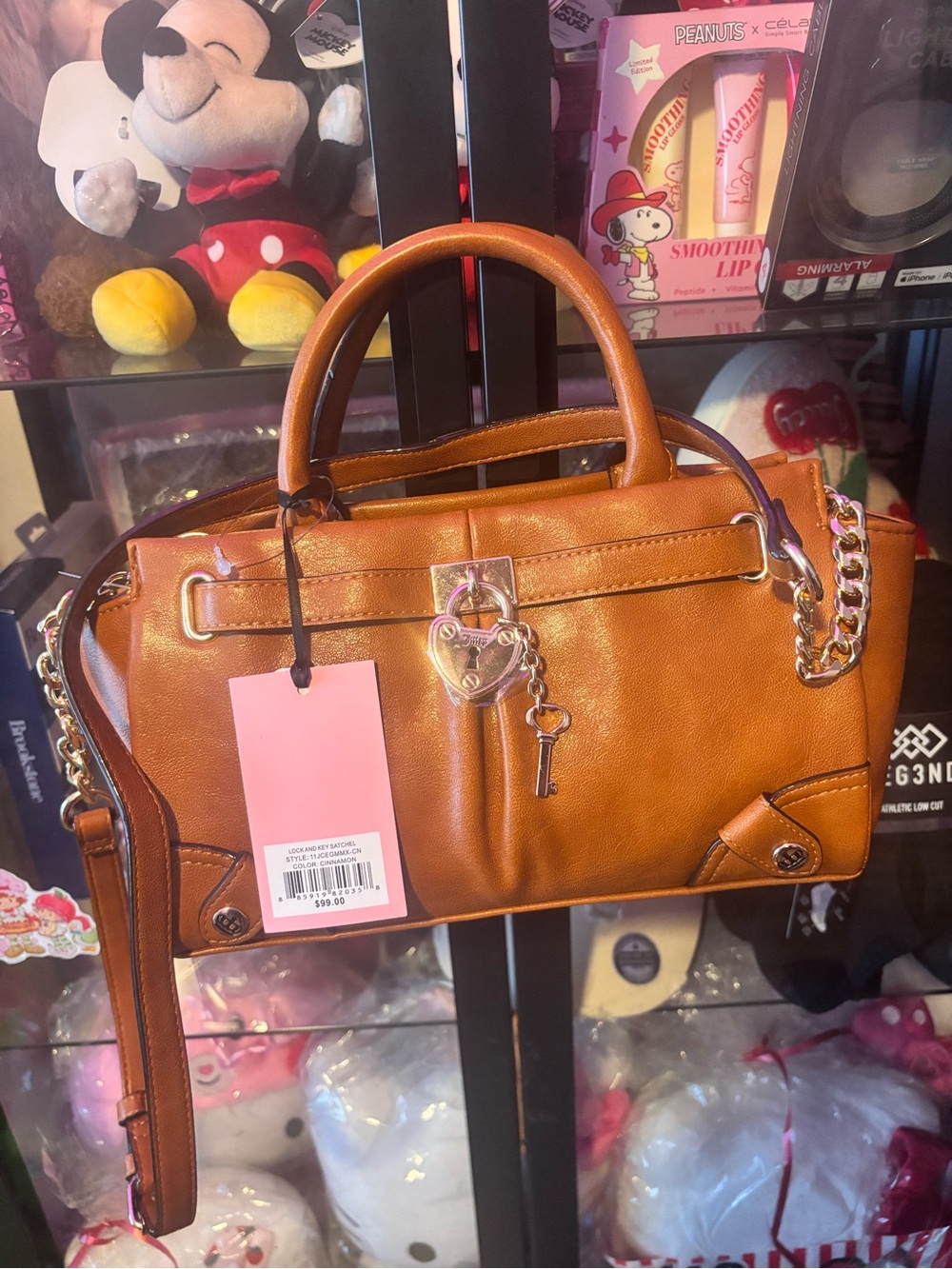 Classic Tan Leather Satchel with Heart Lock Charm
